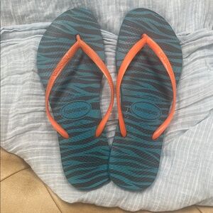 Havaianas Blue Zebra Flip Flops with Orange Straps